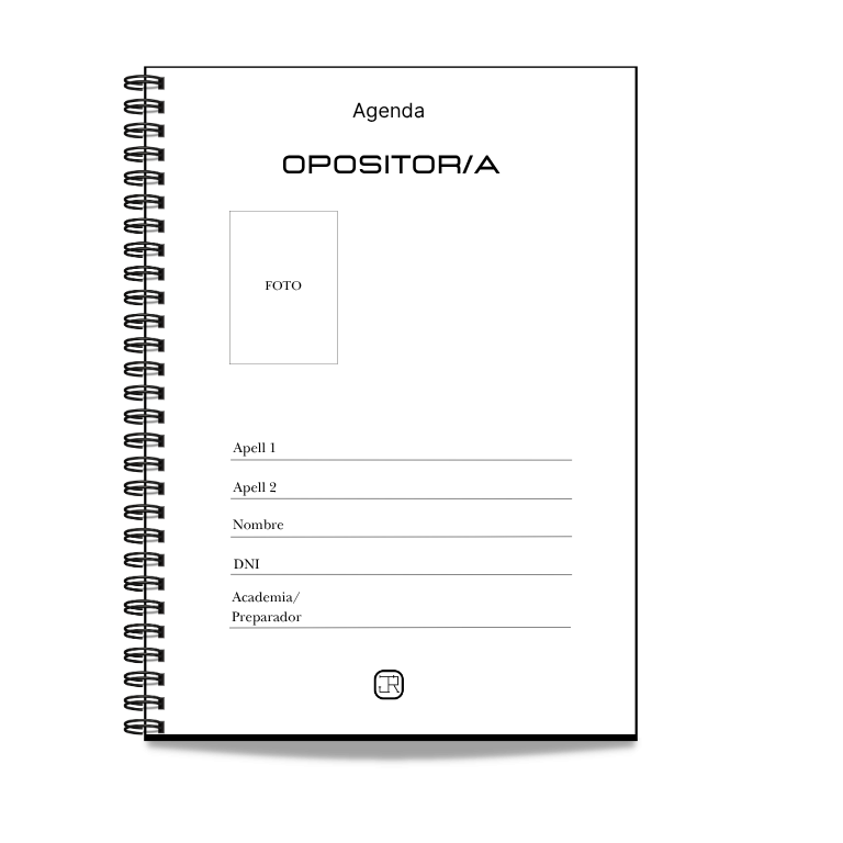 Agenda en blanco con espiral, con secciones para datos personales y programación.