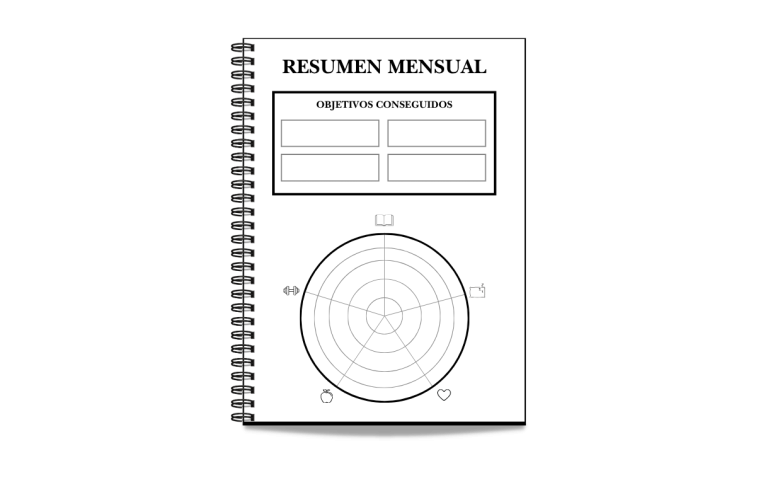 Cuaderno de seguimiento mensual con gráficos y casillas para completar información. JR PROJECT