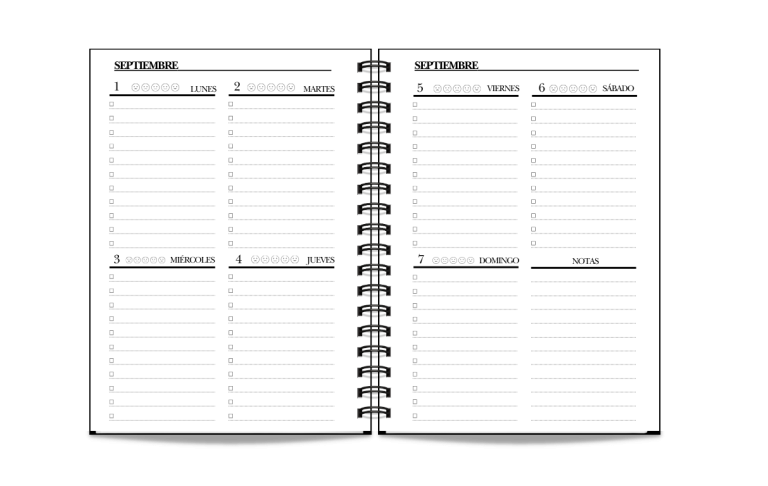 Interior de agenda en blanco con páginas de planificación semanal JR PROJECT
