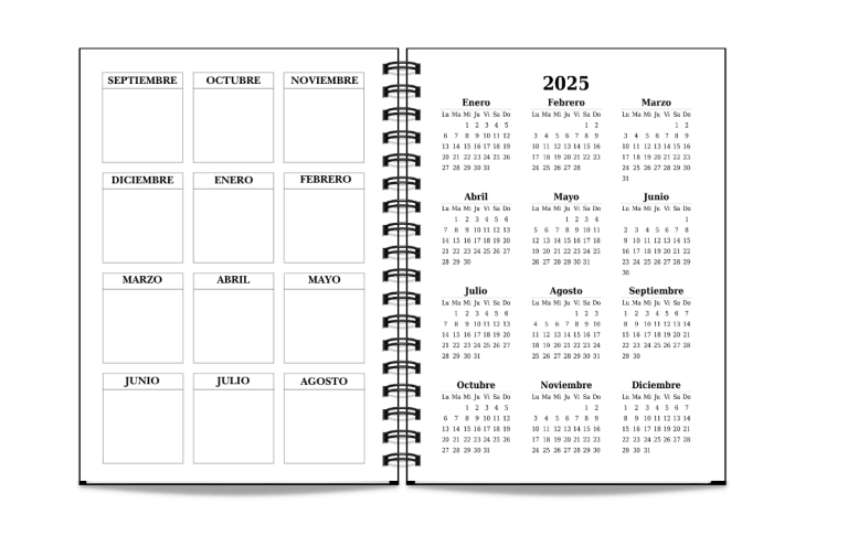 Agenda abierta con semanas y calendarios del año 2025.